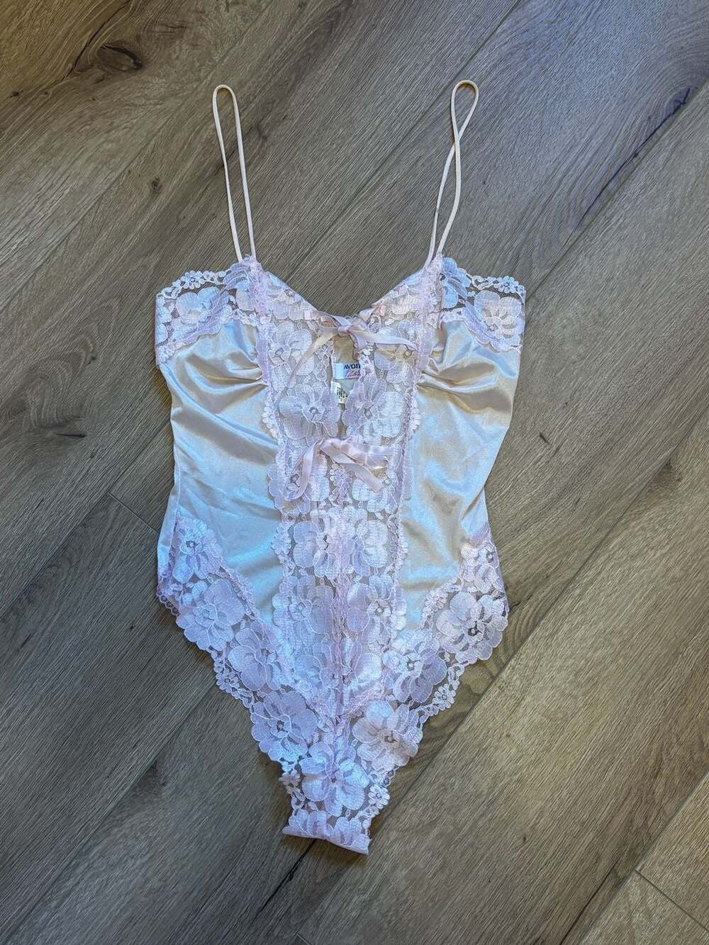 Vintage Avon Fashions Pink Satin and Lace Teddy Bodysuit Size Small